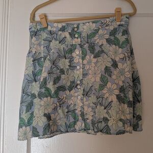 Loft Gardenia Linen Blend Button Mini Skirt Blue & Green Floral Never Worn Large